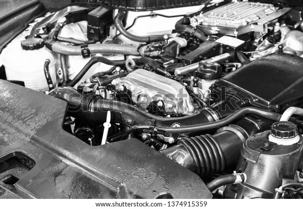 Car engine. Car engine part. Close-up image of an\
internal combustion engine. Engine detailing in a new car. Car\
detailing. Black and white