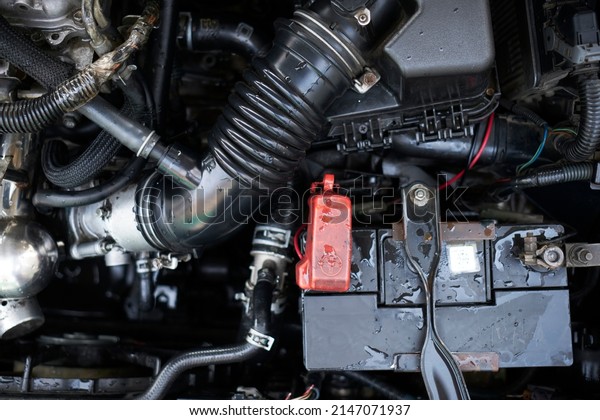 Car engine part. Close-up\
image of an internal combustion engine , Close up detail engine\
cars