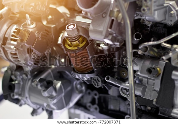 Car engine part, concept of modern\
vehicle motor and cut metal car engine part\
details\
