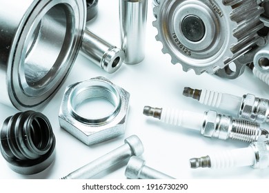 Car Engine Parts. Auto Motor Mechanic Spare Or Automotive Piece On White Background. Set Of New Metal Car Part. Automobile Engine Service