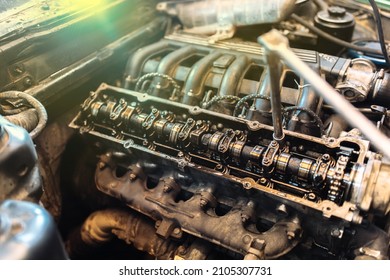 Car Engine Repair, Camshaft Valve Adjustment.