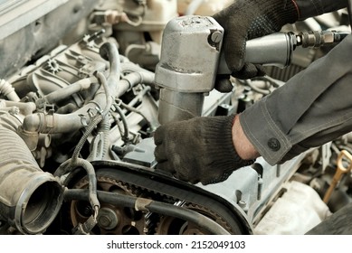 Car Engine Repair In A Car Service Center. Replacement Of The Valve Cover Gasket. The Cylinder Head Of The Internal Combustion Engine.