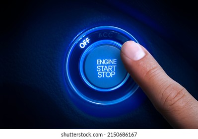 Car Engine Start Stop Button With Finger Pressing Down