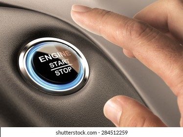 Car engine start and stop button with blue light and black textured background, close up and one finger - Powered by Shutterstock