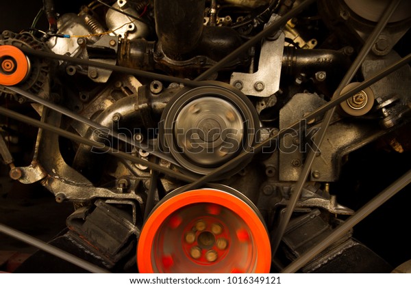 Car Engine - vintage diesel engine with opened\
Timing Gear Shaft
