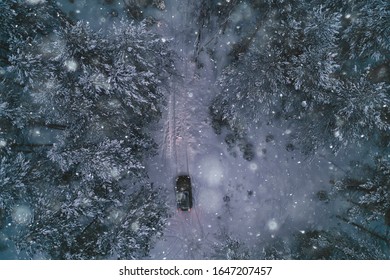 Car In The Evening Forest In Winter, Top View, Copter, Aero Photo, Landscape Winter Forest