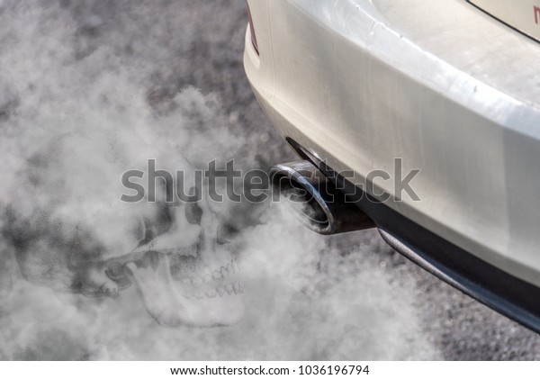 Car exhaust pipe coming out of the diesel\
exhaust. Exhaust gases are harmful to health - therefore a skull is\
incorporated into the exhaust gas cloud. Concept: transport or\
health protection