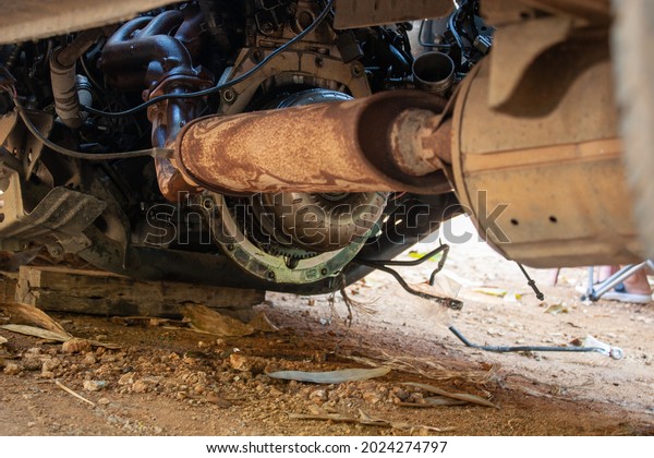 Car exhaust pipes under the\
car