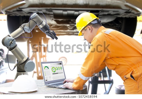 Car experts are\
using laptops. Works with robots to monitor and maintain cars. With\
precise performance.