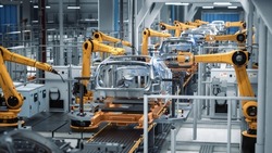 3D-Konzept Der Automobilfabrik: Automated Robot Arm Assembly Line Manufacturing Advanced High-Tech Green Energy Electric Vehicles. Bau, Bau, Schweißen Industrie-Produktionsförderer. Zurück-Ansicht