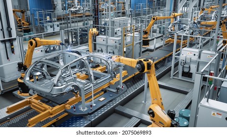 Car Factory 3D Concept: Automated Robot Arm Assembly Line Manufacturing Advanced High-Tech Green Energy Electric Vehicles. Construction, Building, Welding Industrial Production Conveyor. - Shutterstock ID 2075069893