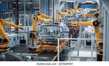 Car Factory 3D Concept: Automated Robot Arm Assembly Line Manufacturing Advanced High  Tech Green Energy Electric Vehicles  Construction  Building  Welding Industrial Production Conveyor  Back View