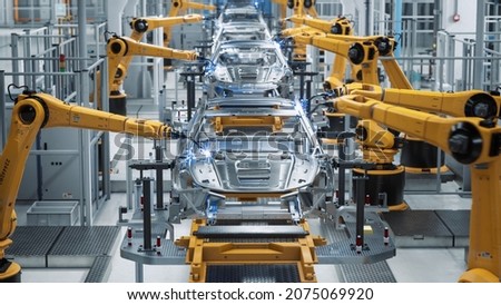 Car Factory 3D Concept: Automated Robot Arm Assembly Line Manufacturing High-Tech Green Energy Electric Vehicles. Automatic Construction, Building, Welding Industrial Production Conveyor. Front View