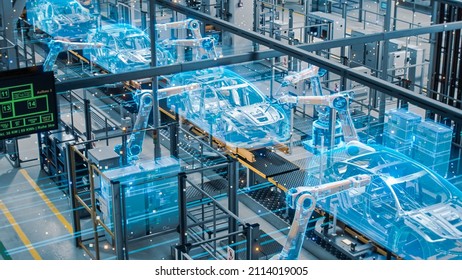 Car Factory Digitalization Industry 4.0 Concept: Automated Robot Arm Assembly Line Manufacturing High-Tech Green Energy Electric Vehicles. AI Computer Vision Analyzing, Scanning Production Efficiency