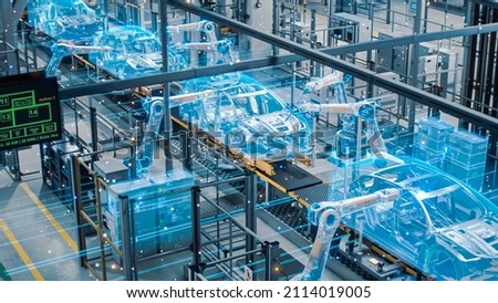 Car Factory Digitalization Industry 4.0 Concept: Automated Robot Arm Assembly Line Manufacturing High-Tech Green Energy Electric Vehicles. AI Computer Vision Analyzing, Scanning Production Efficiency