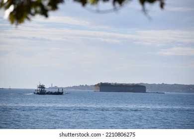 A Car Ferry Headed Into Portland, Maine, From The Islands Of Casco Bay, With Portland Headlight In The Distance, And Fort Gorges At Right.