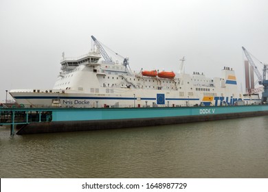 The Car Ferry Nils Dacke Will Be In The Dock Of A Shipyard In Bremerhaven On January 2, 2020.