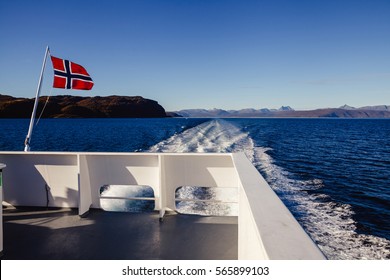 Car Ferry In Norway And Norwegian Flag