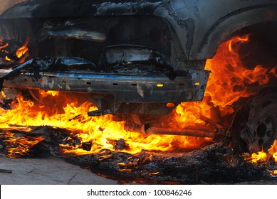 Car Fire On Desert Rural Road