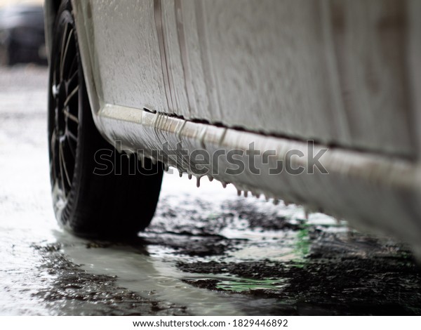 car in foam auto shampoo. self-service car wash.\
black disks in foam.