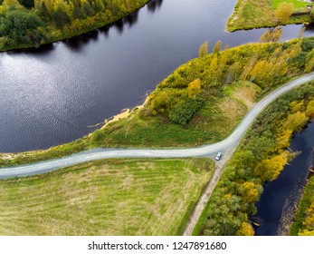 Car At Fork Of Country Road, Aerial Natural Landscape