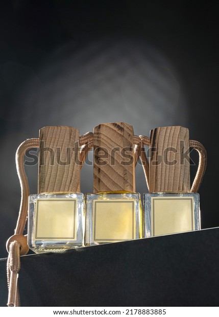 Car fragrance with wooden cover mocap. Perfume for\
car blank without logo