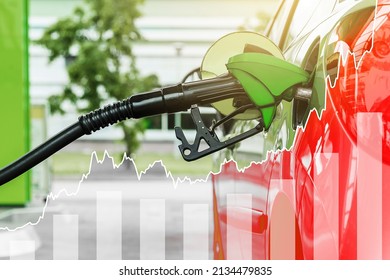 Car with a fuel nozzle and rising chart showing gasoline price increase during energy crisis in the world - Shutterstock ID 2134479835