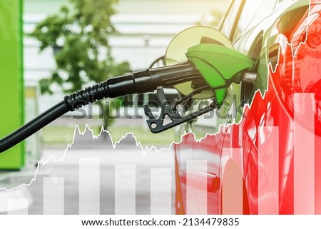 Car with a fuel nozzle and rising chart showing gasoline price increase during energy crisis in the world
