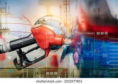 Car fueling at gas station. Refuel fill up with petrol gasoline. Blur industrial gas storage tank and petroleum refinery plant. Petrol industry. Petrol price and oil crisis concept. Stock market graph