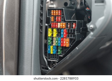 Car fuse box multicolor and multi protection current fused, Power distribution box in car - Shutterstock ID 2281788933