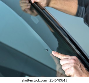 Car glass mechanic is pointing on a stone chip in a car windscreen - Powered by Shutterstock