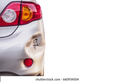 car has dented rear bumper damaged after accident isolated on white