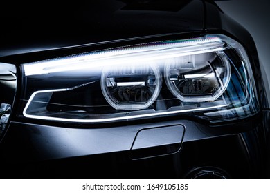 Car Headlight Close Up View. Automotive Photography.