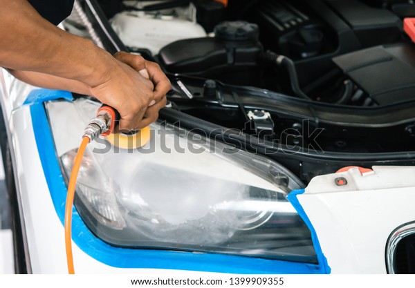 Car headlights\
cleaning with power buffer.