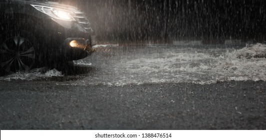 Car Headlights Run Through Flood Water Stock Photo (Edit Now) 1388476514