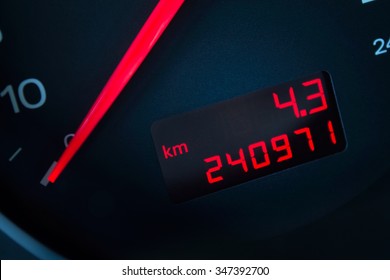 Car With A High Mileage. Car Dashboard In Closeup