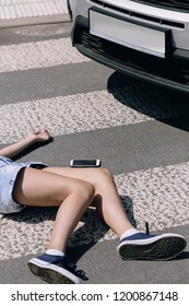 The Car Hit A Child With Smartphone On A Pedestrian Crossing