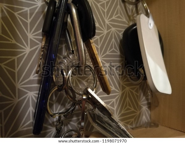 Car and house keys in a\
mess hanging