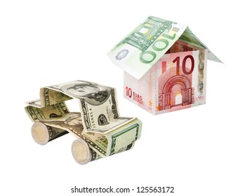 Car and house made of dollar banknotes isolated on white background - bank concept or buying property idea