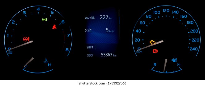 Car Instrument Panel With Speedometer, Tachometer, Odometer, Fuel Gauge, Oil Temperature Gauge, Check Engine Icon And Seat Belt Reminder. Car Dashboard Illuminated In Blue. Fuel Range Display.