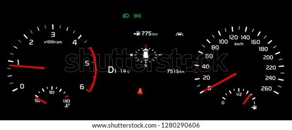 Car instrument panel with speedometer,
tachometer, odometer, fuel gauge, oil temperature gauge, seatbelt
reminder, dipped beam headlights, lane assist . Photo isolated over
background.