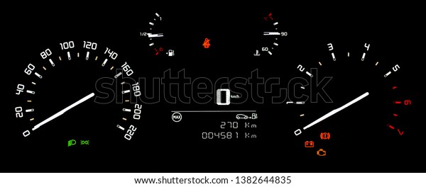 Car instrument panel with speedometer,\
tachometer, odometer, fuel gauge, oil temperature gauge, seatbelt\
reminder, dipped beam headlights, check engine and battery warning.\
Isolated over background.