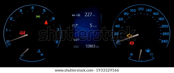 Car instrument panel with speedometer,\
tachometer, odometer, fuel gauge, oil temperature gauge, check\
engine icon and seat belt reminder. Car dashboard illuminated in\
blue. Fuel range display.