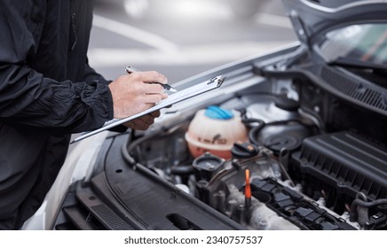 Car insurance, checklist and man writing on documents for compliance, maintenance and engine control. Vehicle, inspection and hand of male mechanic with paper form for information, note and claim - Powered by Shutterstock