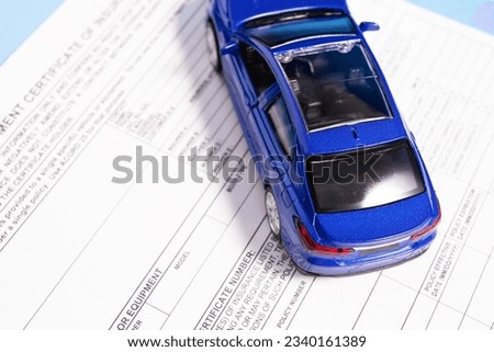 car insurance claim form, car on vehicle insurance documents with driving history, age, and the type of vehicle