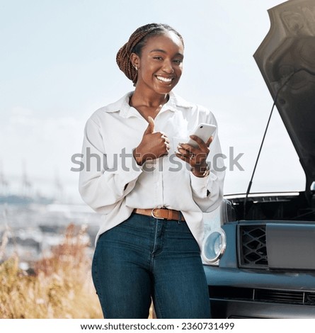 Car insurance, phone or portrait of happy woman with thumbs up on road typing message for help. Smile, service or African driver by a stuck motor vehicle texting on social media mobile app or online