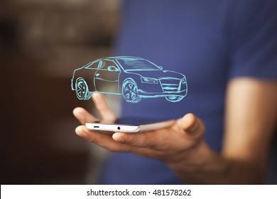 Car insurance and car services concept. Businessman with offering gesture and icon of car.