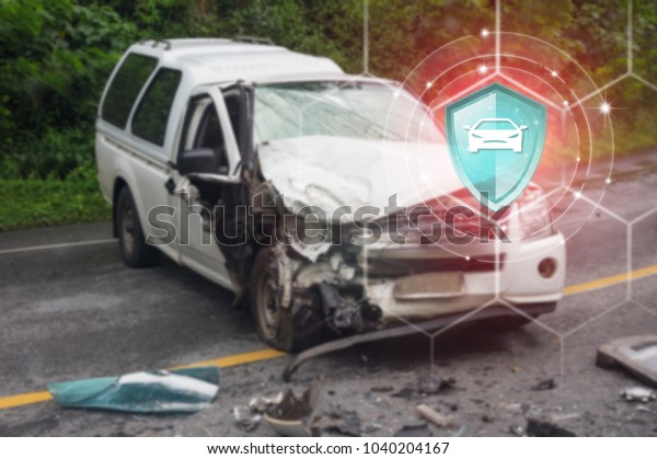 Car Insurance, Shield protection vehicle on\
virtual screen against Car crash accident  on backdrop, Online\
digital technology.