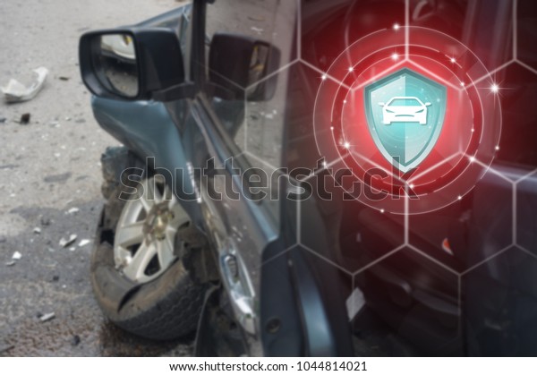 Car Insurance, Shield protection vehicle on\
virtual screen against Car crash accident  on backdrop, Online\
insurance digital\
technology.