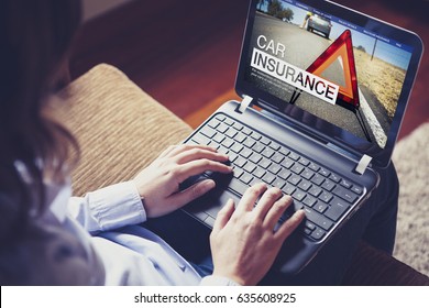 Car Insurance Website In A Laptop Screen. Car Insurance Research Concept.